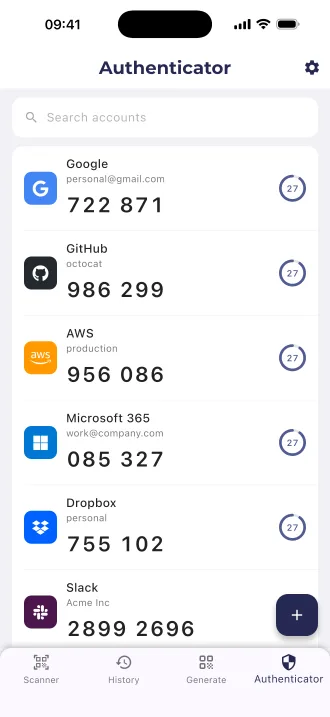 The authenticator with codes for Google, GitHub, AWS and Microsoft 365