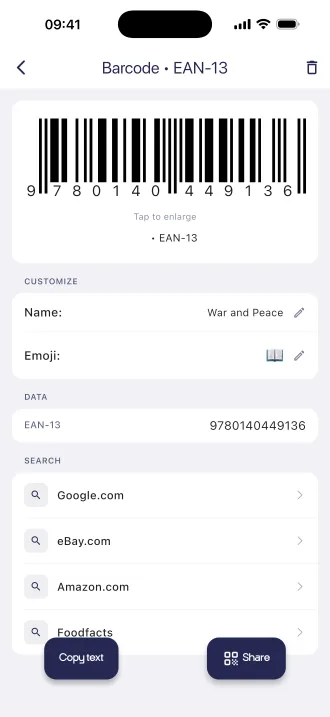 A barcode result in the app, with one-tap product searches