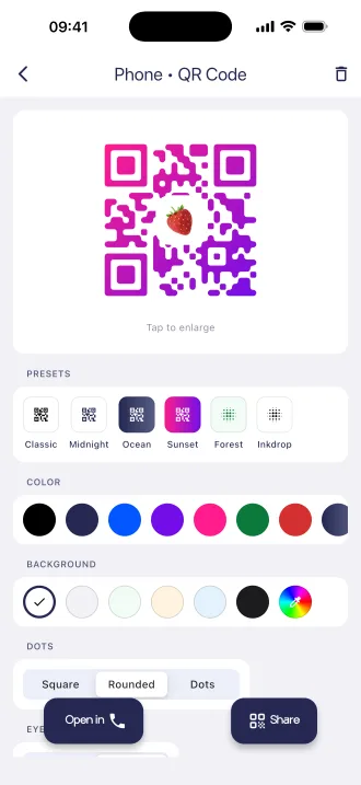 The QR designer with a pink styled code and color presets