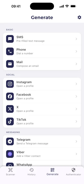 The list of code types in the QR Code Scanner app
